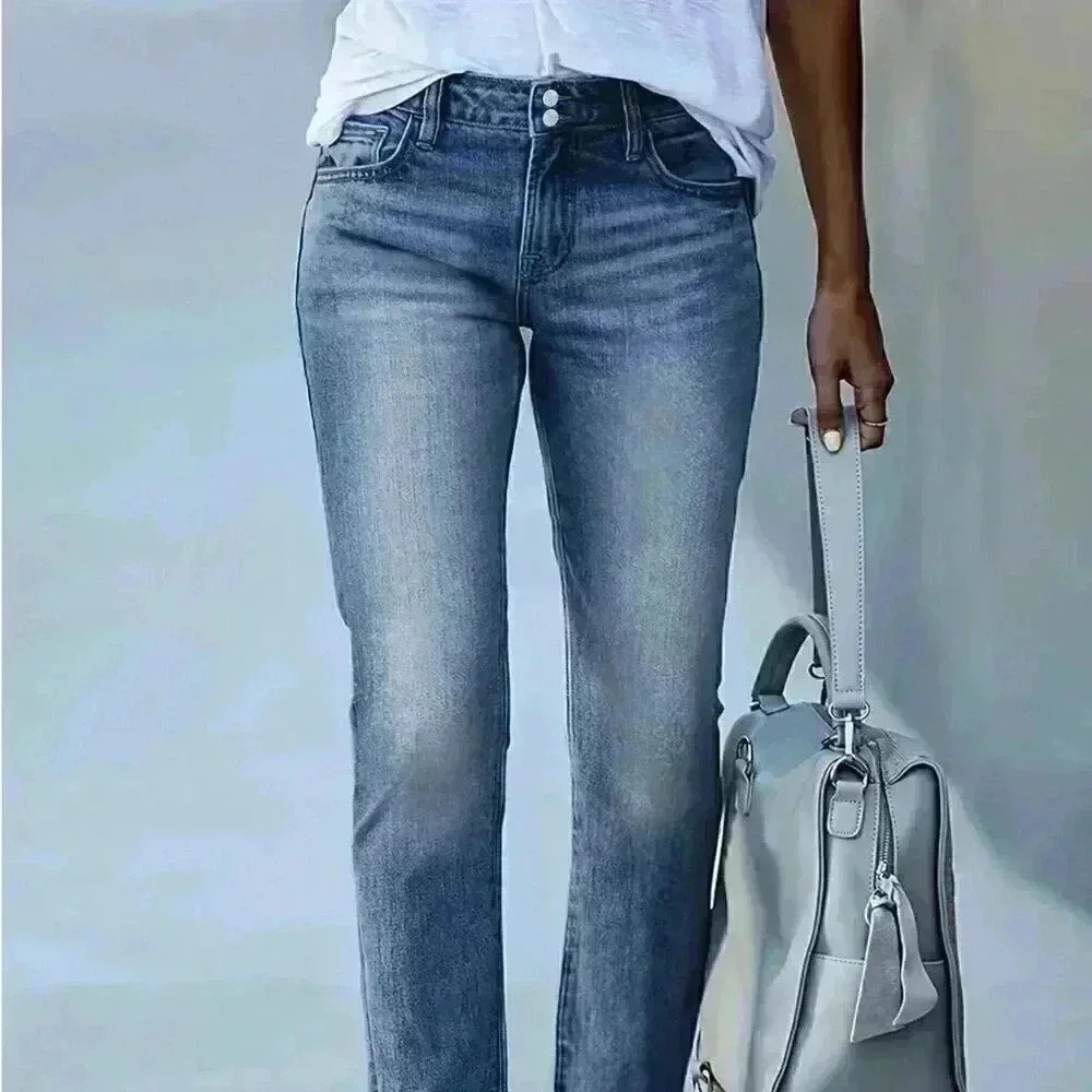 Medium Wash Casual Women's Double-Breasted Denim Jeans